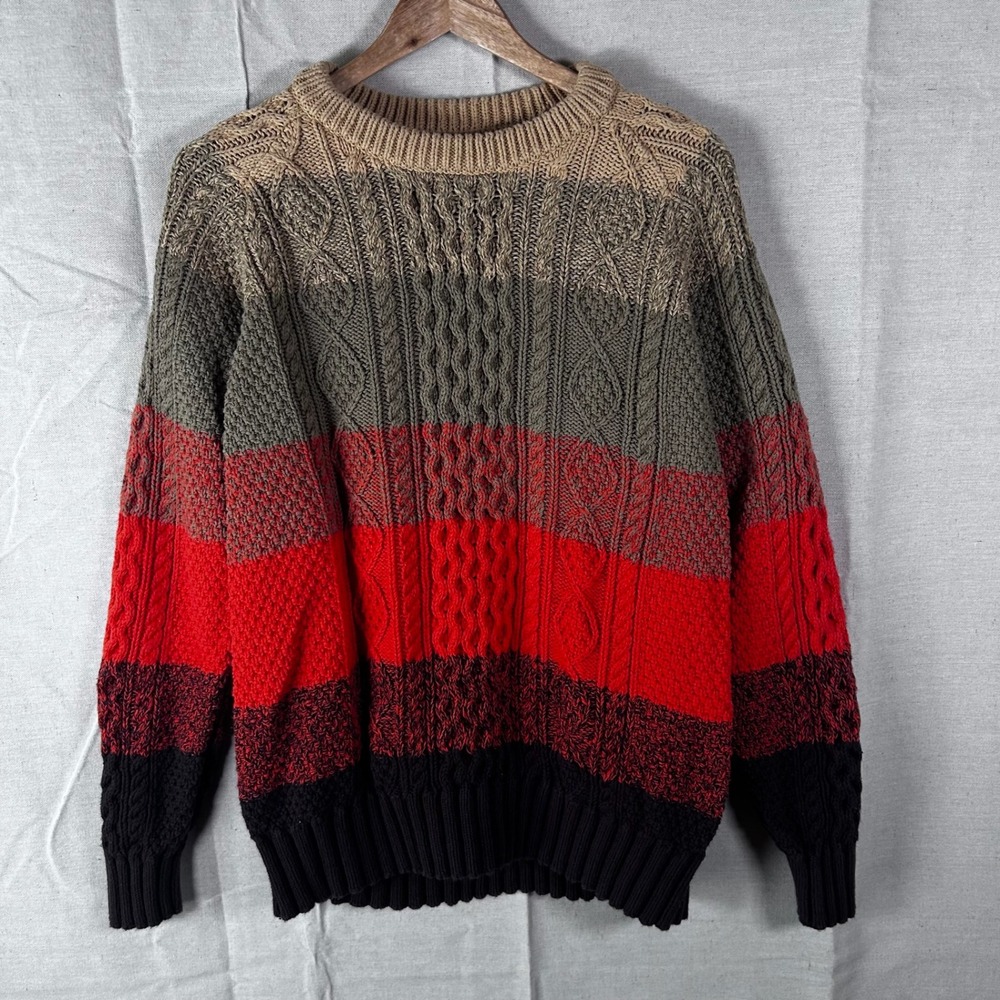 LL Bean Signature Mens XL Cable Knit Fisherman Stripe Cotton Sweater